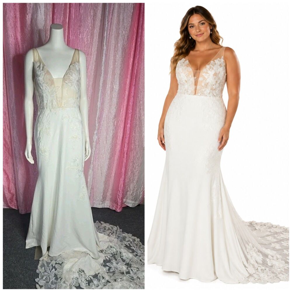 VOW'D Exquisite Plunging Mermaid Ivory Lace Wedding Dress Size 14